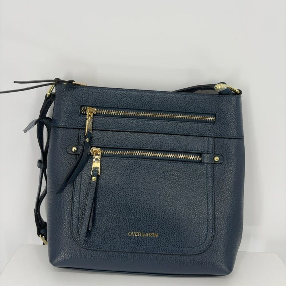 Over Earth Navy Blue Pebbled Leather Crossbody Bag Multi-Pocket